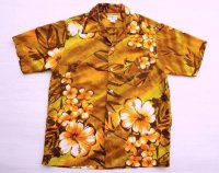 ◆ 70's Hukilau Fashions 半袖アロハシャツ L 茶系×オレンジ 総柄/ビンテージ オールド アメリカ古着 レトロ ハワイ USA製