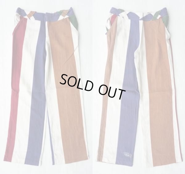 画像1: ◆ 70's UNKNOWN リネン フレアパンツ W29 ストライプ/ビンテージ オールド アメリカ レディース古着 スラックス ヒッピー 太ボーダー