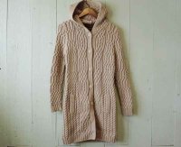 ◆ アイルランド製 フード付き ケーブル編み ニットカーディガン M グレー/ビンテージ オールド 古着 レトロ 北欧 ウールセーター コート