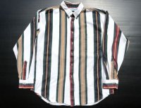 ◆ 90's USA製 長袖ボタンダウンシャツ L(XLサイズ)白ベース マルチストライプ/ビンテージ オールド レトロ アメリカ古着 コットン