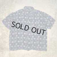 【XL】PURITAN 半袖レーヨンシャツ ネイビー 総柄■ビンテージ オールド レトロ アメリカ古着 ボックス アート ビッグサイズ