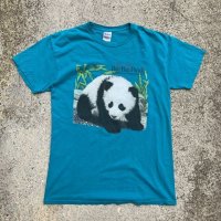 【M】GILDAN パンダ プリントTシャツ 青緑■ビンテージ オールド レトロ アメリカ古着 動物 バンブー Bao Bao Panda