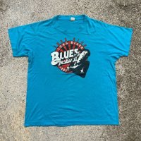 【L/XL】80s USA製 ブルースフェスティバル プリントTシャツ 青■ビンテージ オールド アメリカ古着 バンドT ロック シングルステッチ