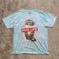 【L】DOM「HUG LIFE」バンダナ×猫 タイダイ Tシャツ 水色■アメリカ古着 コットン 動物 ネコ メッセージ