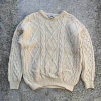 【L/XL】スコットランド製 West Highland ケーブル編み セーター 白 生成り色■ビンテージ オールド レトロ アメリカ古着 ウール ニット