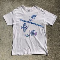 【L】80s-90s USA製 Hanes 魚 発砲プリントTシャツ 白■ビンテージ オールド アメリカ古着 ヘインズ オールコットン アート フィッシュ 