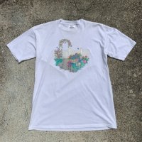 【XL】USA製 JERZEES ネコ＆チューリップ 動物 プリントTシャツ 白■ビンテージ オールド アメリカ古着 90s お花 シングルステッチ