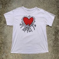 【L】Keith Haring プリントTシャツ 白■アメリカ古着 オールコットン アート キースへリング ハートマーク