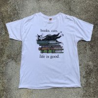 【XL】books.cats.life is good ネコ プリントTシャツ 白■ビンテージ オールド アメリカ古着 Y2K 2000s オールコットン 猫 動物