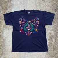 【L】ガテマラ製 刺繍 Tシャツ ネイビー 紺色■ビンテージ オールド レトロ アメリカ古着 90s オールコットン アート