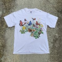 【L】Hanes 蝶々 プリントTシャツ 白■ビンテージ オールド アメリカ古着 90s/2000s ヘインズ オールコットン 花柄 フラワー