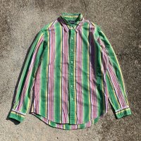 【M/L】Ralph Lauren ボタンダウン 長袖シャツ マルチストライプ 黄緑■オールド アメリカ古着 ラルフローレン