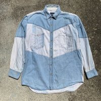 【L/XL】Wrangler 切替 長袖シャツ ストライプ 白×水色■ビンテージ オールド レトロ アメリカ古着 ラングラー ウエスタン