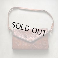 【17.8cm×30.0cm】UNKNOWN 型押し レザーバッグ 花柄 茶色■ビンテージ レトロ アメリカ古着 メキシコ ヒッピー ショルダー レディース