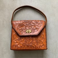 【21.0cm×23.0cm】UNKNOWN 型押し レザーバッグ 花柄 茶色■ビンテージ レトロ アメリカ古着 メキシコ ヒッピー トート レディース