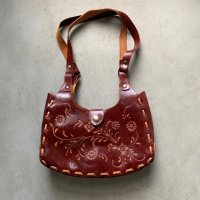 【19.0cm×26.0cm】70s 型押し レザーバッグ 花柄 赤茶■ビンテージ レトロ アメリカ古着 メキシコ ヒッピー ショルダー レディース 