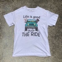 【L】DELTA「Life is good」犬 プリントTシャツ 白■オールド アメリカ古着 2000s Y2K コットン 動物 ジープ アメ車