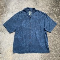 【L/XL】Jamaica Jaxx オープンカラー 刺繍 半袖シルクシャツ 青■オールド レトロ アメリカ古着 アロハシャツ ジャガード 開襟 総柄