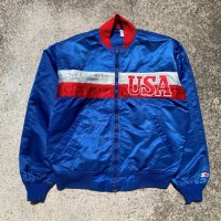 【XL】USA製 STARTER ナイロンサテンジャケット トリコロール 青■ビンテージ オールド レトロ アメリカ古着 80s/90s スターター