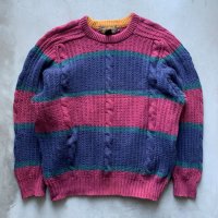 【S/M】Eddie Bauer エルボーパッチ コットンニット セーター ボーダー■ビンテージ オールド アメリカ古着 90s エディーバウアー 紺×紫