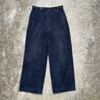 【W30】GREEN LEAVES 2タック 太畝コーデュロイパンツ ネイビー 紺■ビンテージ オールド レトロ ヨーロッパ古着 ワイドストレート