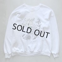 【L/XL】80s-90s USA製 JERZEES プリントスウェット 白■ビンテージ オールド レトロ アメリカ古着 トレーナー 動物 チーター ネコ トラ