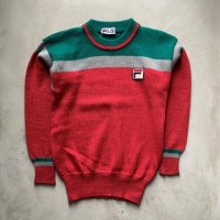 【Kids】イタリア製 FILA ウールセーター 赤×緑×グレー■ビンテージ オールド レトロ ヨーロッパ古着 ボーダー フィラ 80s/90s