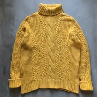 【L/XL】LANDS'END タートルネック ケーブル編み コットンニット セーター 黄色■ビンテージ オールド アメリカ古着 ランズエンド