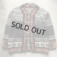 【L】VRIKKE SWEATERS ウールニット カーディガン ブラック 黒 総柄■ビンテージ アメリカ古着 花柄 チロリアン ノルディックセーター