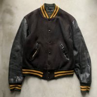 【S】Reed 袖革×ウールスタジャン ブラック 黒無地■ビンテージ オールド レトロ アメリカ古着 70s アワードジャケット バーシティー