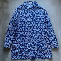 【L/XL】LOTUS プリント柄 長袖シャツ 総柄 ネイビー■ビンテージ オールド ヨーロッパ古着 コットン ユーロ 70s 幾何学模様