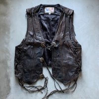 【S/M】LEATHER WEAR コンチョボタン レザーベスト 焦げ茶■ビンテージ レトロ アメリカ古着 レースアップ カウボーイ ウエスタン 本革