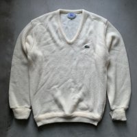 【S/M】70s-80s IZOD LACOSTE Vネック アクリルニット セーター 白■ビンテージ オールド アメリカ古着 USA製 ラコステ ワンポイント 