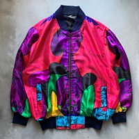 【L/XL】80s Picasso ジップアップ ジャケット 総柄■ビンテージ オールド アメリカ古着 アート キュビズム シルクブルゾン