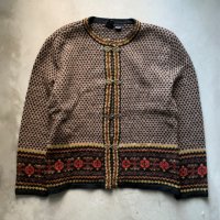 【Ladies or Mens S】SKYR ウールニット カーディガン ブラック 黒茶 総柄■ビンテージ アメリカ古着 チロリアン ノルディックセーター