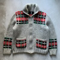 【XS or Ladies】UNKNOWN カナダ カウチンニット セーター グレー チェック柄■ビンテージ オールド アメリカ古着 70s ウールジャケット