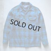 【S/M】70s USA製 PENDLETON オープンカラー 長袖ウールシャツ 青チェック■ビンテージ アメリカ古着 ペンドルトン ボックス ボートシャツ