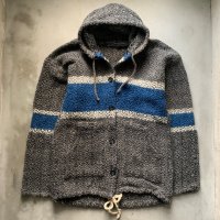 【M/L】UNKNOWN ウールジャケット パーカー グレー×青 総柄■ビンテージ オールド レトロ アメリカ古着 民族 エスニック 