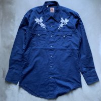 【M】Cowhand 刺繍入り 長袖ウエスタンシャツ ネイビー■ビンテージ オールド レトロ アメリカ古着 80s 綿ポリ 花柄 カウボーイ