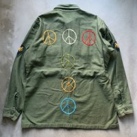 【L】60s 米軍 ピースマーク刺繍入り ユーティリティシャツ ジャケット OG-107■ビンテージ オールド アメリカ古着 ミリタリー コットン