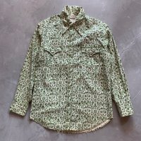 【M】70s UNKNOWN 動物柄 長袖ウエスタンシャツ 白緑■ビンテージ オールド アメリカ古着 カウボーイ スナップボタン ヒッピー