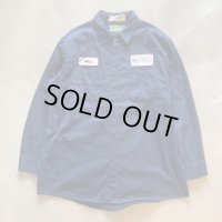 【L/XL】aramark オールコットン 長袖ワークシャツ ネイビー 紺無地■ビンテージ オールド アメリカ古着 ワッペン付き