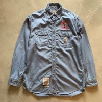 【L】carhartt FR 刺繍入り 長袖ワークシャツ 青系■ビンテージ オールド アメリカ古着 カーハート No.2