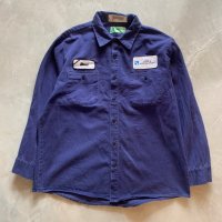 【L/XL】aramark オールコットン 長袖ワークシャツ ネイビー フェード 無地■ビンテージ オールド アメリカ古着 ワッペン付き