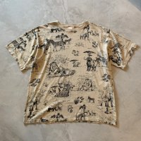 【2XL】JINGLE JUNGLE 動物 プリントTシャツ ベージュ 総柄■ビンテージ オールド アメリカ古着 コットン 南アフリカ シマウマ キリン