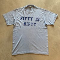 【L】80s USA製 JERZEES「FIFTY IS NIFTY」プリントTシャツ 水色■ビンテージ オールド アメリカ古着 ラッセル シングルステッチ
