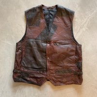 【L/XL】ELAZAR LEATHER パッチワーク レザーベスト 焦げ茶■ビンテージ オールド レトロ アメリカ古着 スナップボタン
