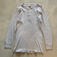 【M/L】USA製 LONG JOHNS ヘンリーネック サーマルシャツ ライトグレー■ビンテージ アメリカ古着 インナー ロンT ワッフル 80s