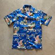 画像1: 【S】USA製 MARK CHRISTOPHER ポリエステル 半袖アロハシャツ 青 総柄■ビンテージ オールド レトロ アメリカ古着 和柄 ポリシャツ (1)