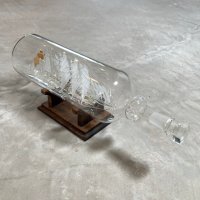【35cm】スペイン製 ガラス ボトルシップ 台座付き オブジェ■ビンテージ アンティーク ヨーロッパ雑貨 インテリア マリン 船 帆船